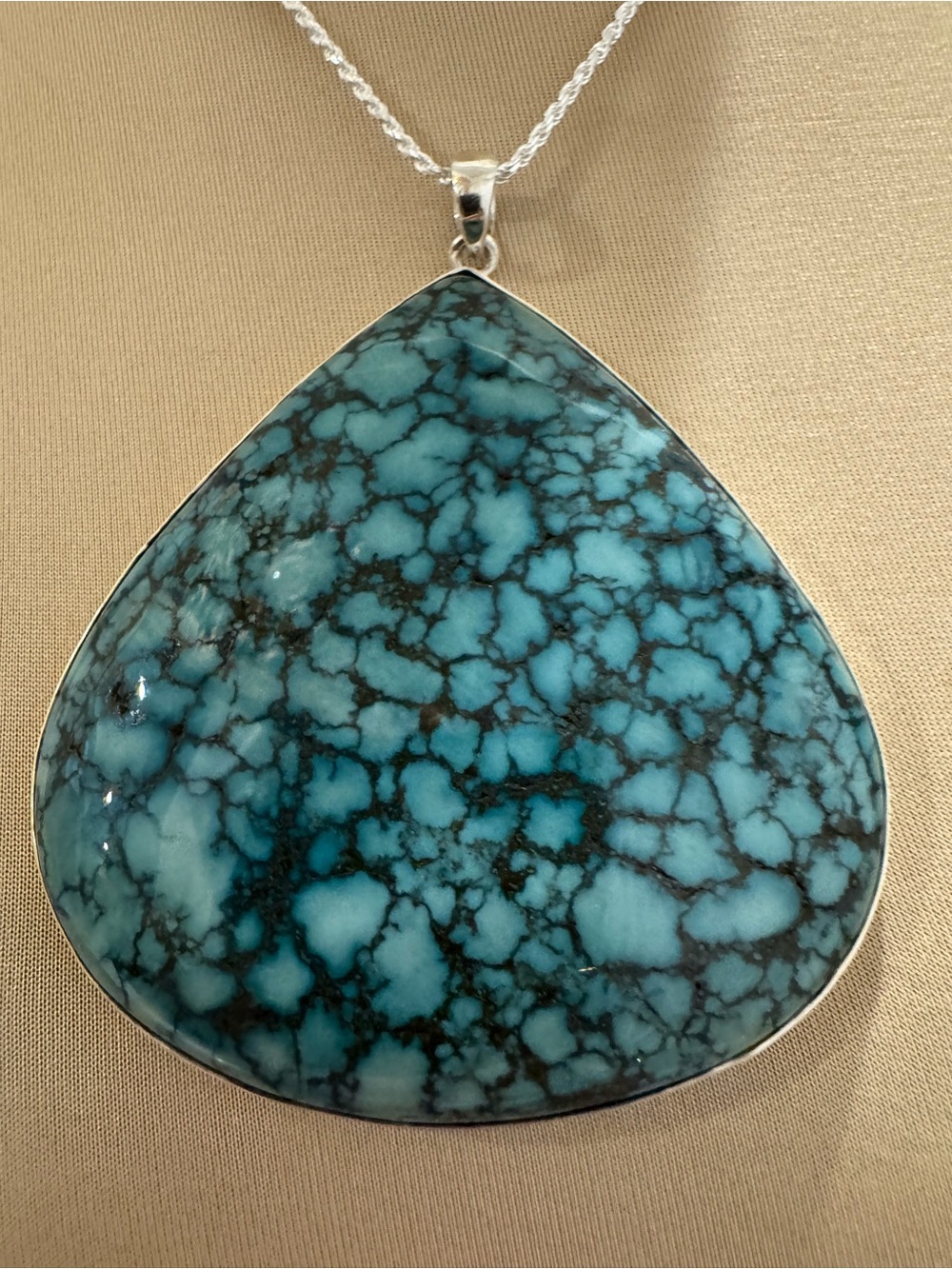 Huge turquoise Veined Teardrop Pendant Necklace - set in sterling silver w/chain